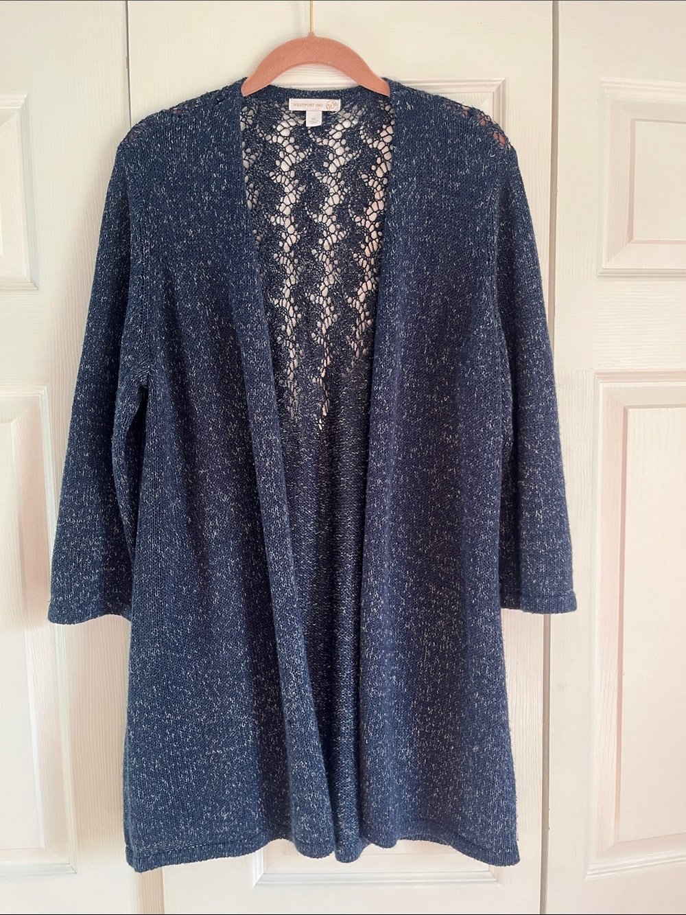 Open-Front Navy Knit Cardigan with Lace Back